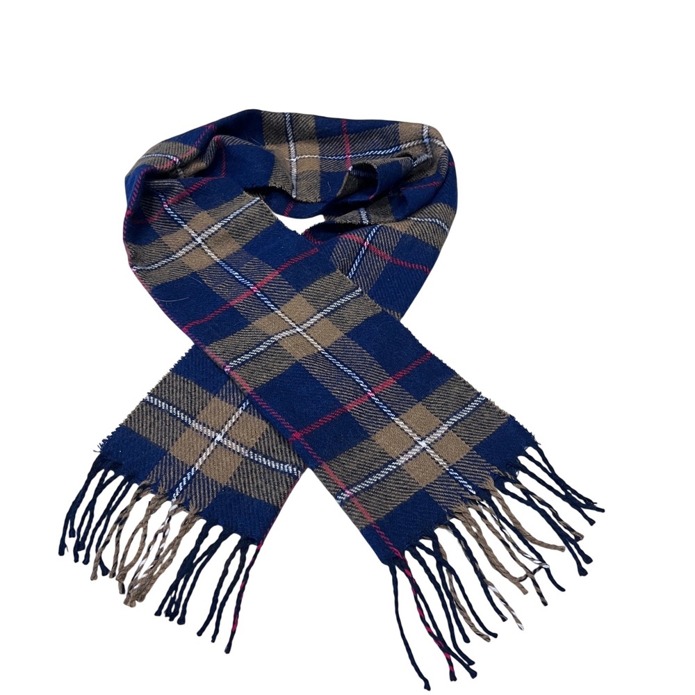 Royal Rossi 100% Cashmere Scarf Navy Blue Tan Plaid Fringe Inner Mongolia